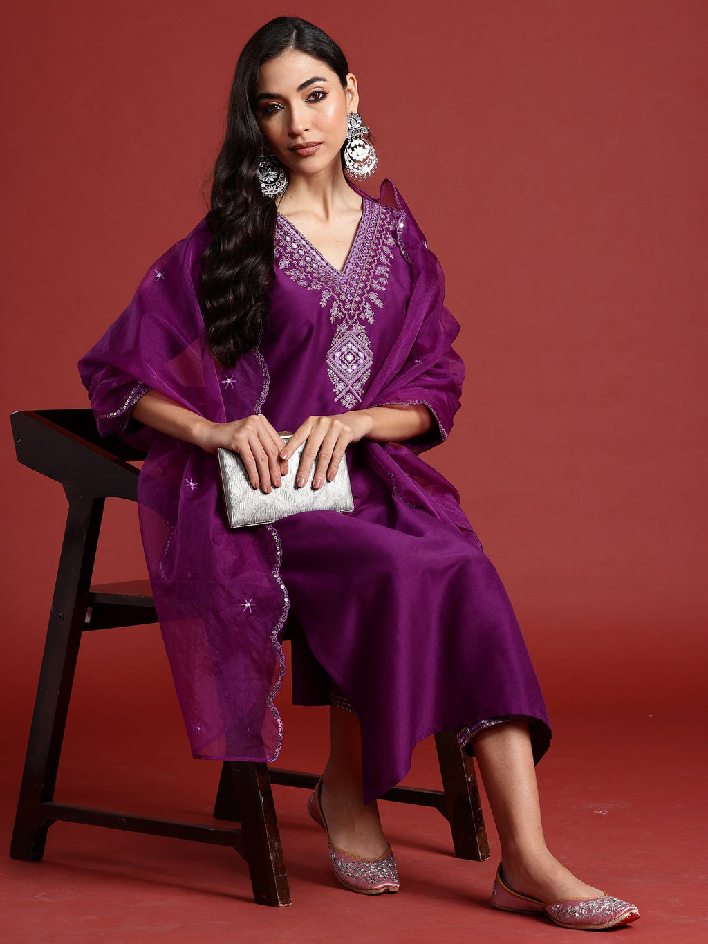 Indo Era Purple Embroidered Straight Kurta Trousers With Dupatta set | Grocsy