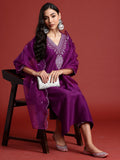 Indo Era Purple Embroidered Straight Kurta Trousers With Dupatta set | Grocsy