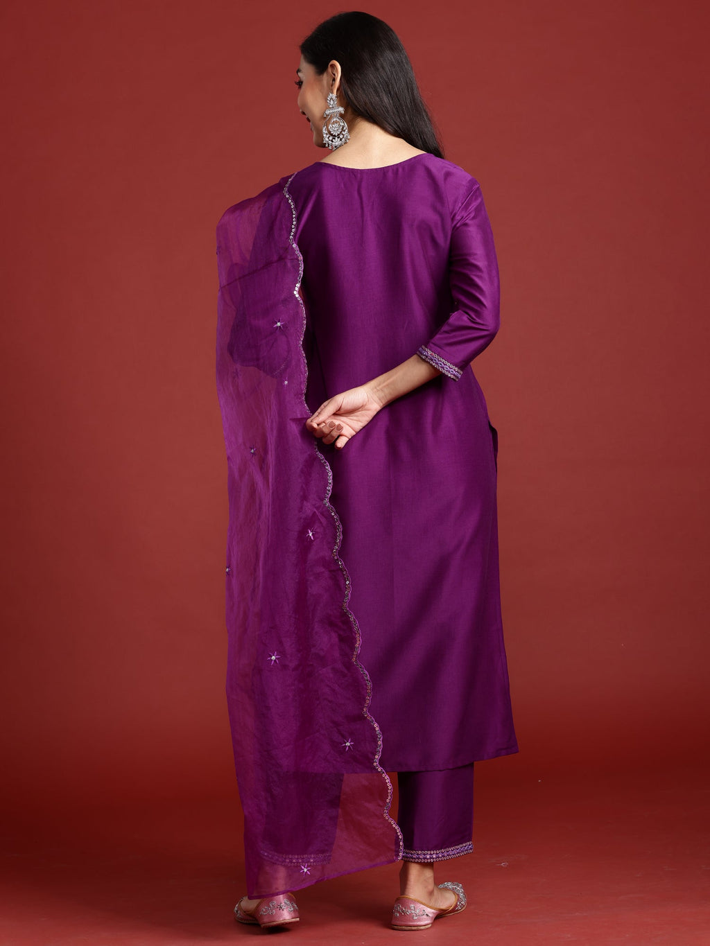 Indo Era Purple Embroidered Straight Kurta Trousers With Dupatta set | Grocsy