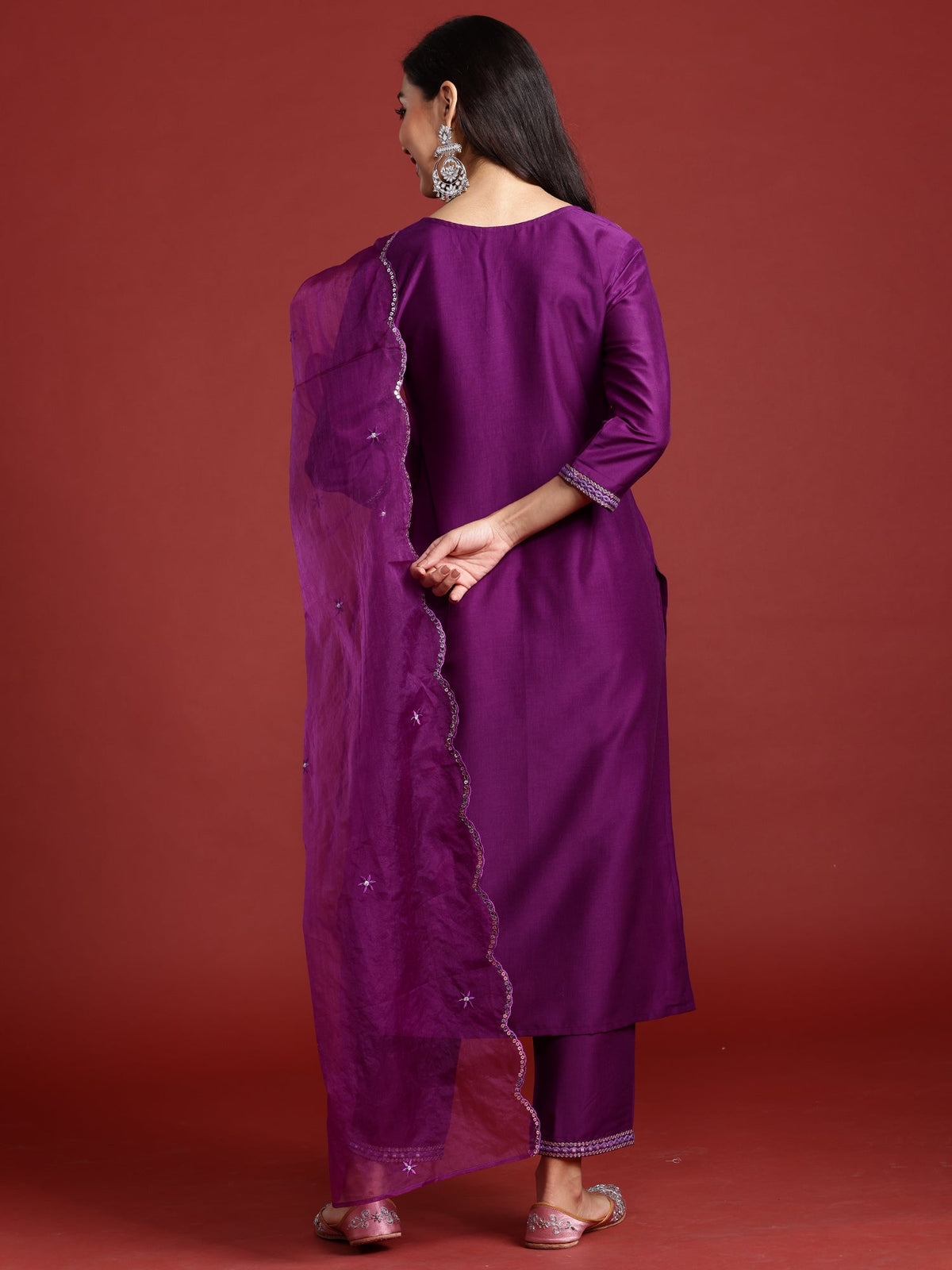 Indo Era Purple Embroidered Straight Kurta Trousers With Dupatta set | Grocsy