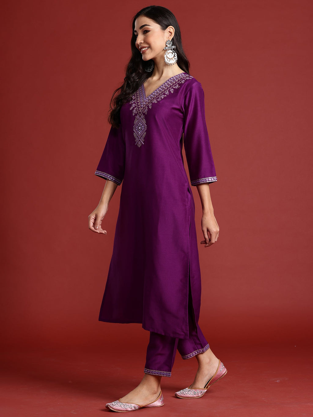 Indo Era Purple Embroidered Straight Kurta Trousers With Dupatta set | Grocsy