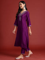 Indo Era Purple Embroidered Straight Kurta Trousers With Dupatta set | Grocsy