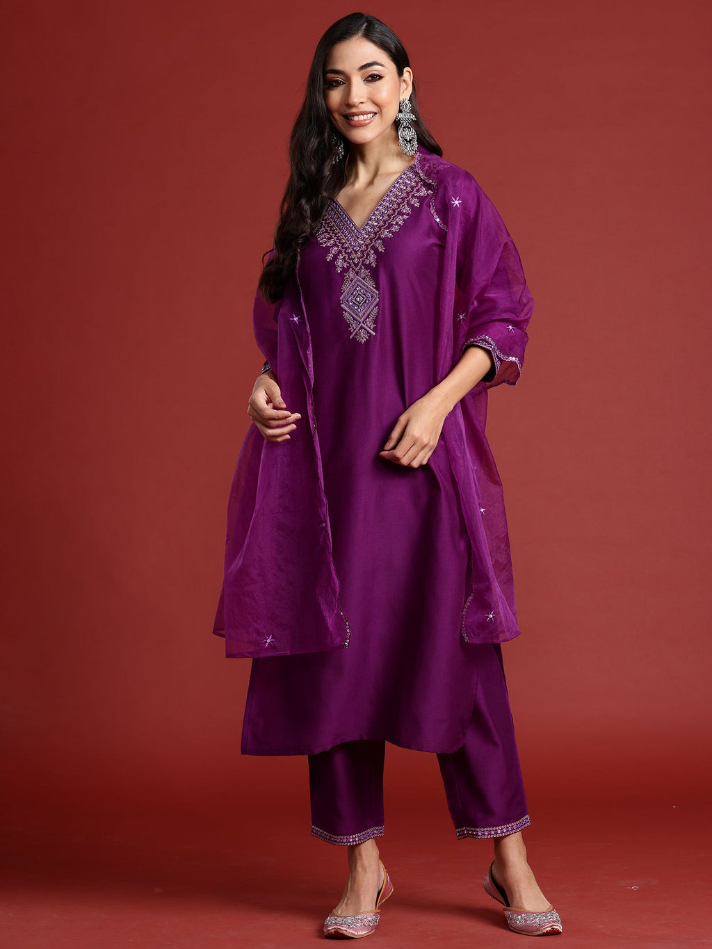 Indo Era Purple Embroidered Straight Kurta Trousers With Dupatta set | Grocsy