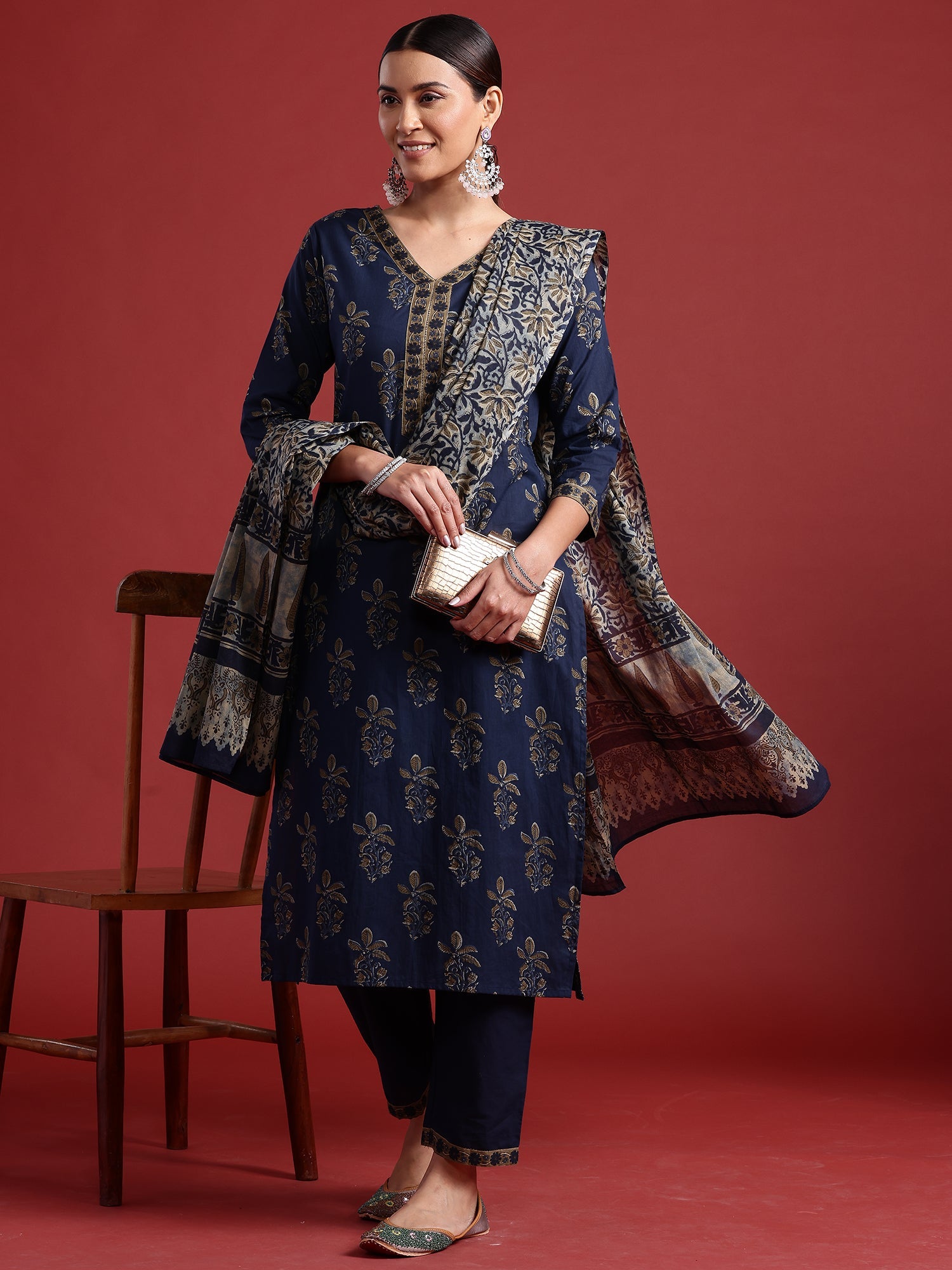 Indo Era Blue Printed Straight Kurta Trousers With Dupatta set | Grocsy