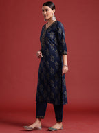 Indo Era Blue Printed Straight Kurta Trousers With Dupatta set | Grocsy