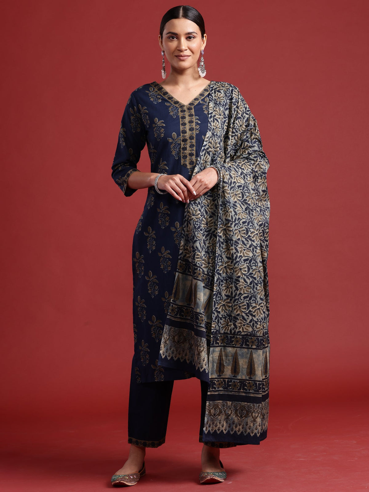 Indo Era Blue Printed Straight Kurta Trousers With Dupatta set | Grocsy
