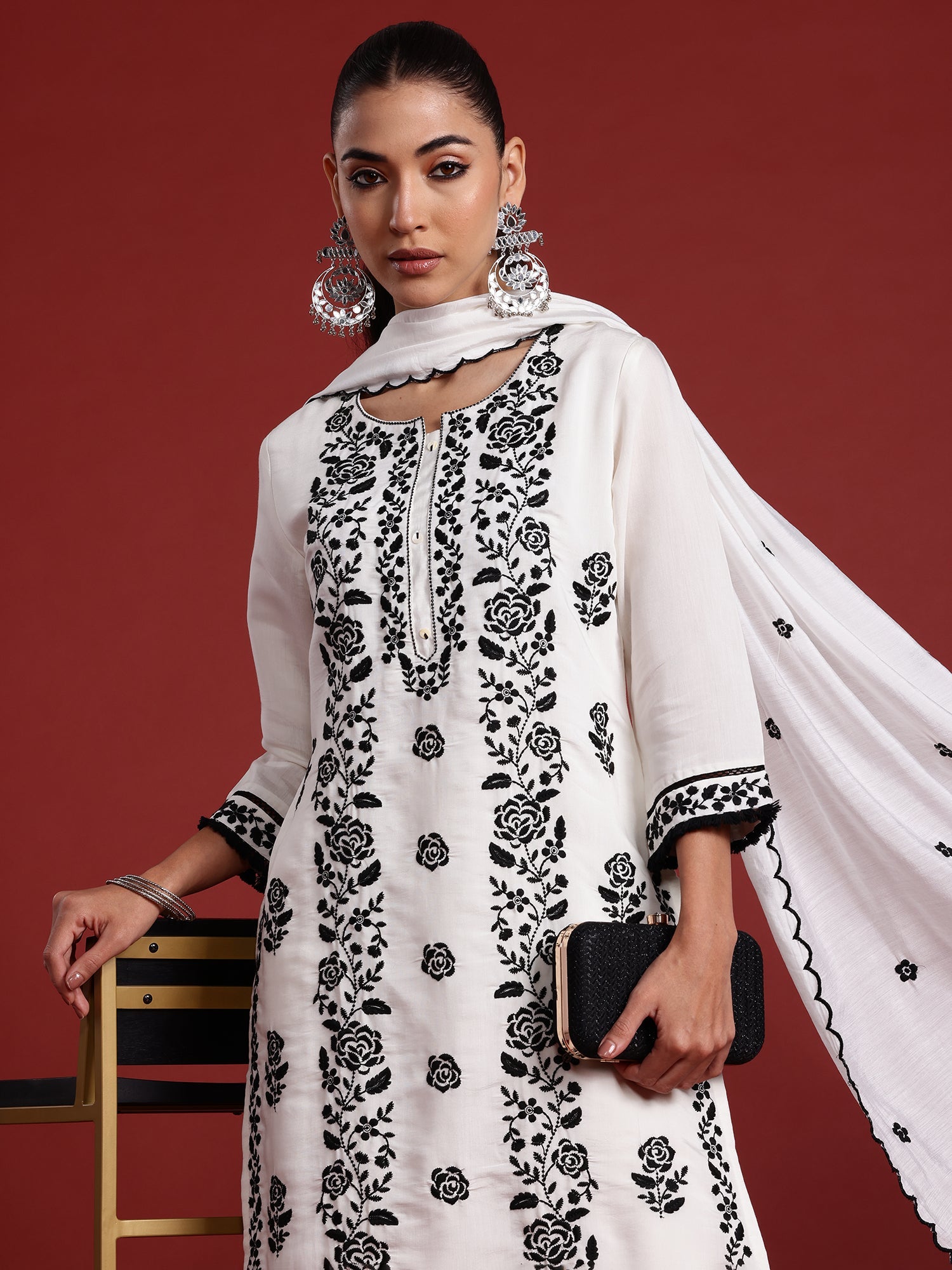 Indo Era White Embroidered Straight Kurta Trousers With Dupatta Set | Grocsy