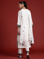 Indo Era White Embroidered Straight Kurta Trousers With Dupatta Set | Grocsy