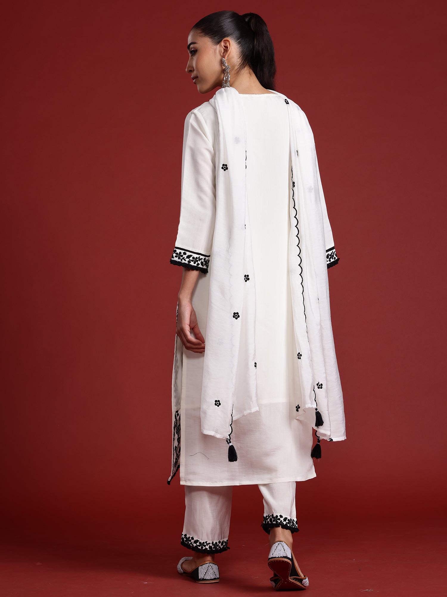 Indo Era White Embroidered Straight Kurta Trousers With Dupatta Set | Grocsy