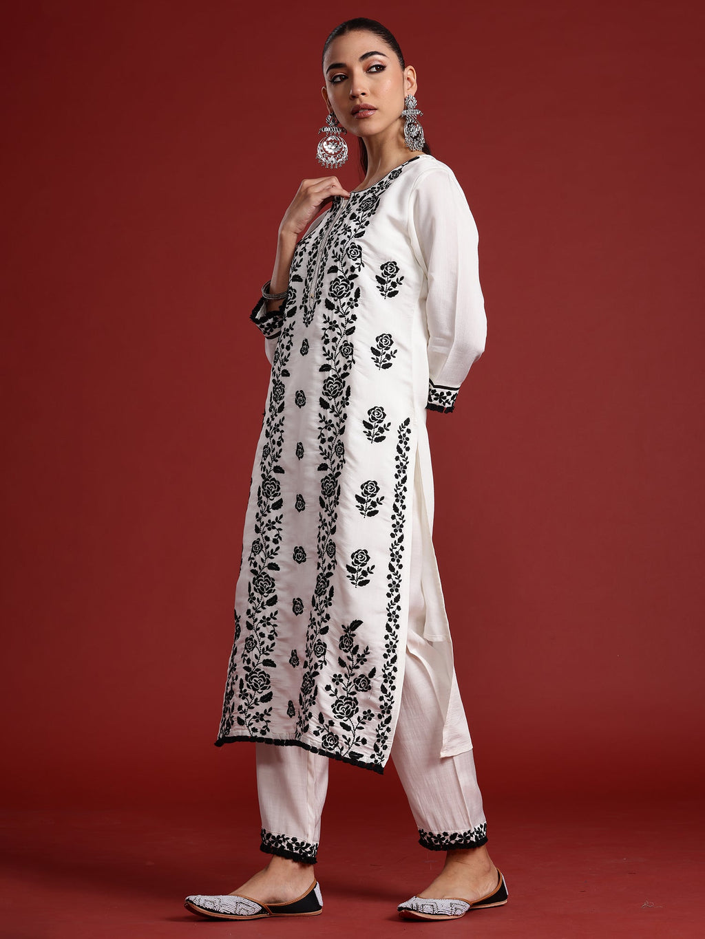 Indo Era White Embroidered Straight Kurta Trousers With Dupatta Set | Grocsy