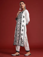 Indo Era White Embroidered Straight Kurta Trousers With Dupatta Set | Grocsy