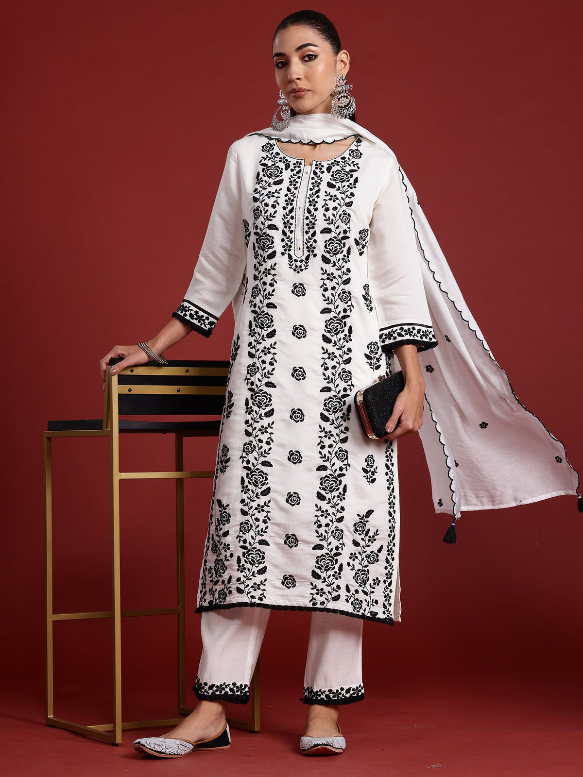 Indo Era White Embroidered Straight Kurta Trousers With Dupatta Set | Grocsy