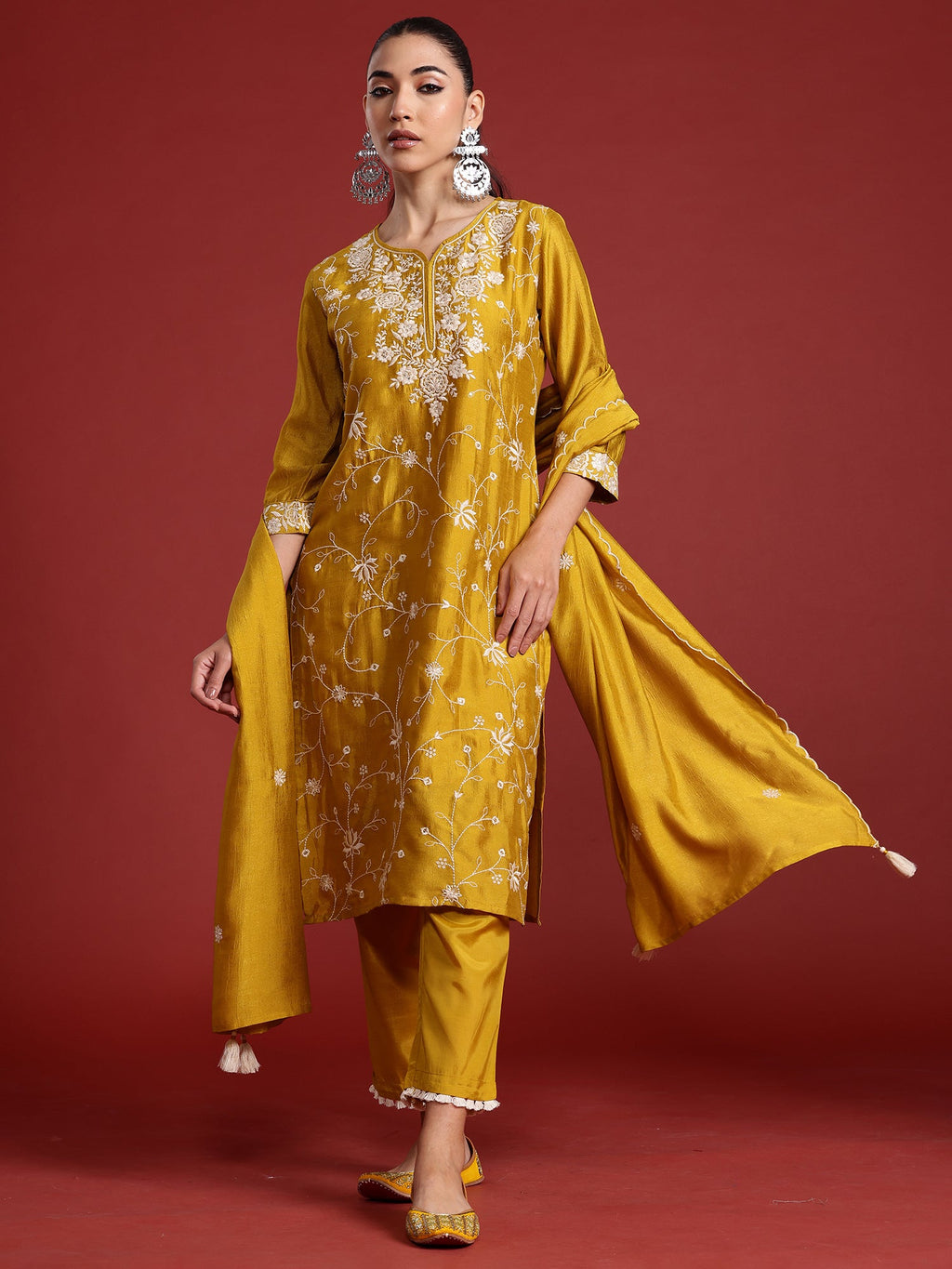 Indo Era Yellow Embroidered Straight Kurta Trousers With Dupatta Set | Grocsy