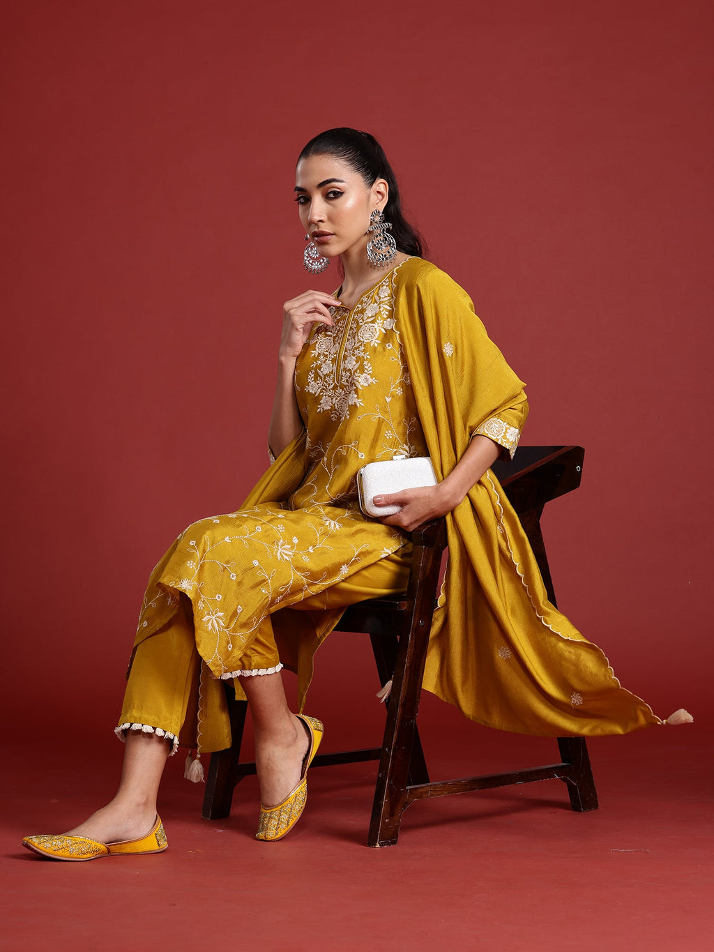 Indo Era Yellow Embroidered Straight Kurta Trousers With Dupatta Set | Grocsy