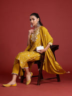 Indo Era Yellow Embroidered Straight Kurta Trousers With Dupatta Set | Grocsy