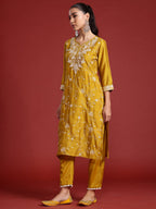 Indo Era Yellow Embroidered Straight Kurta Trousers With Dupatta Set | Grocsy