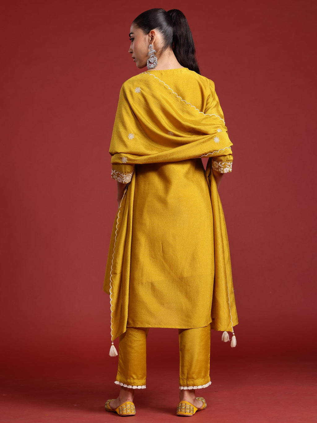 Indo Era Yellow Embroidered Straight Kurta Trousers With Dupatta Set | Grocsy
