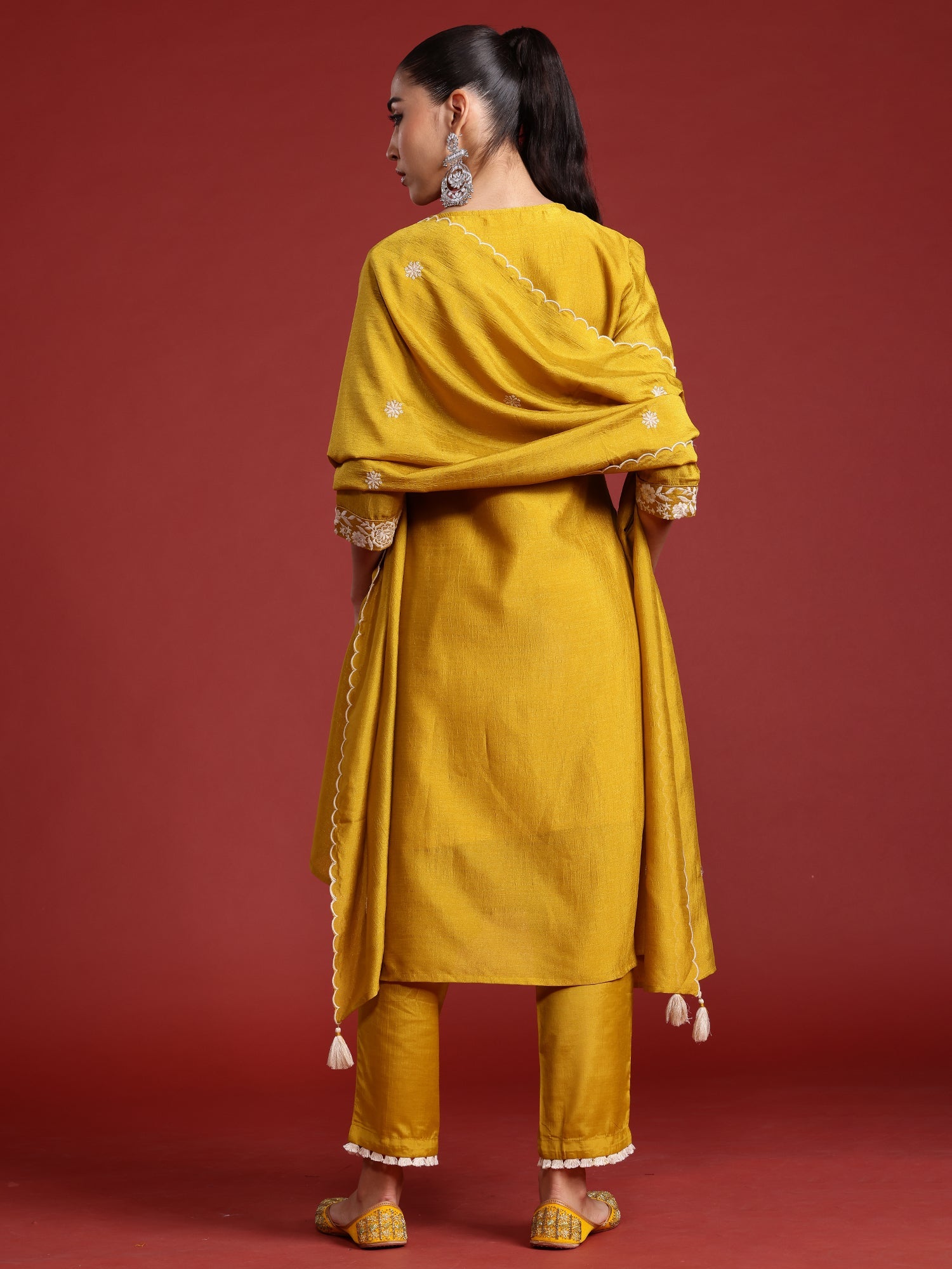 Indo Era Yellow Embroidered Straight Kurta Trousers With Dupatta Set | Grocsy