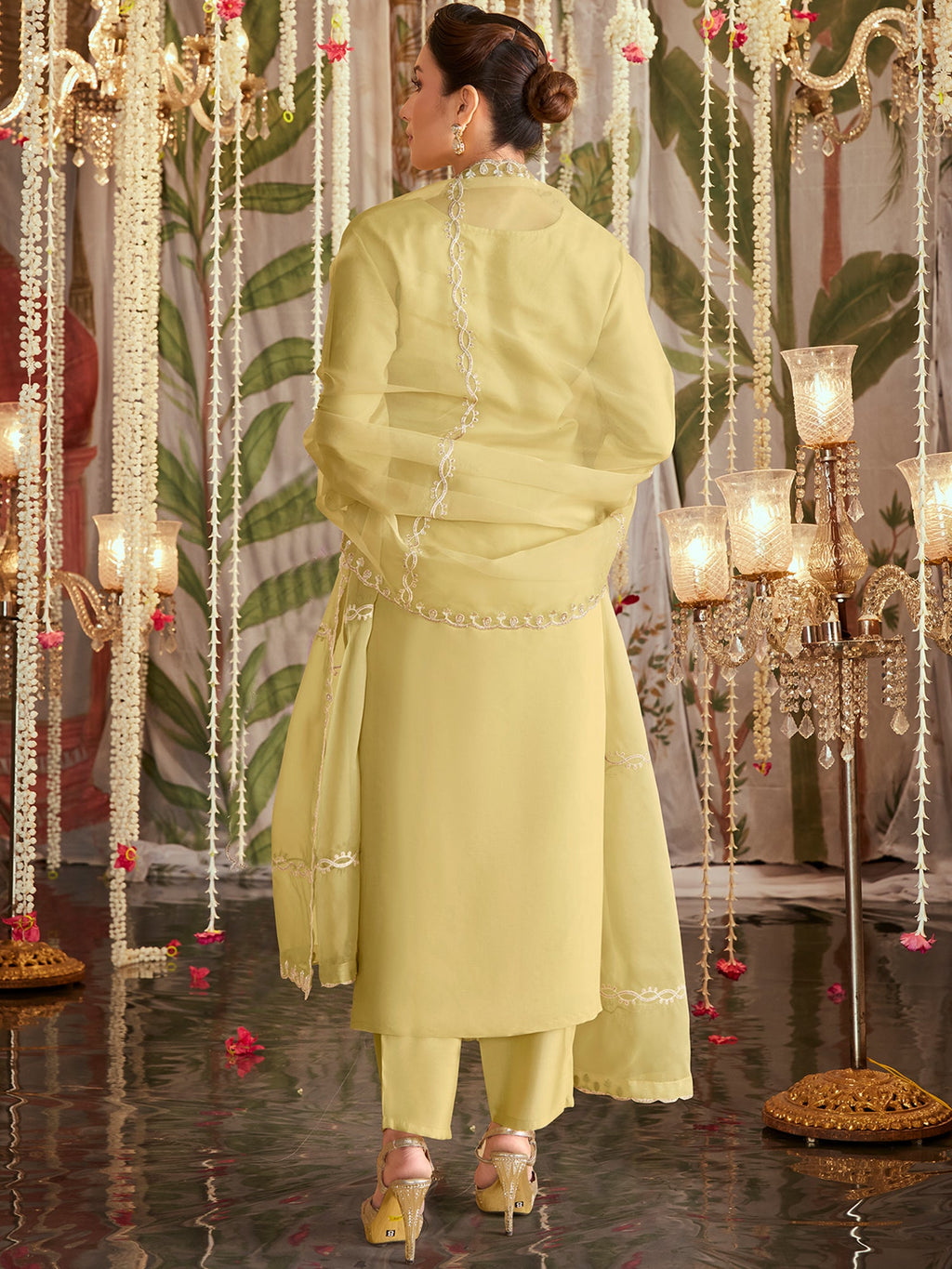 Indo Era Yellow Straight Embroidered Kurta Trousers With Dupatta Set | Grocsy