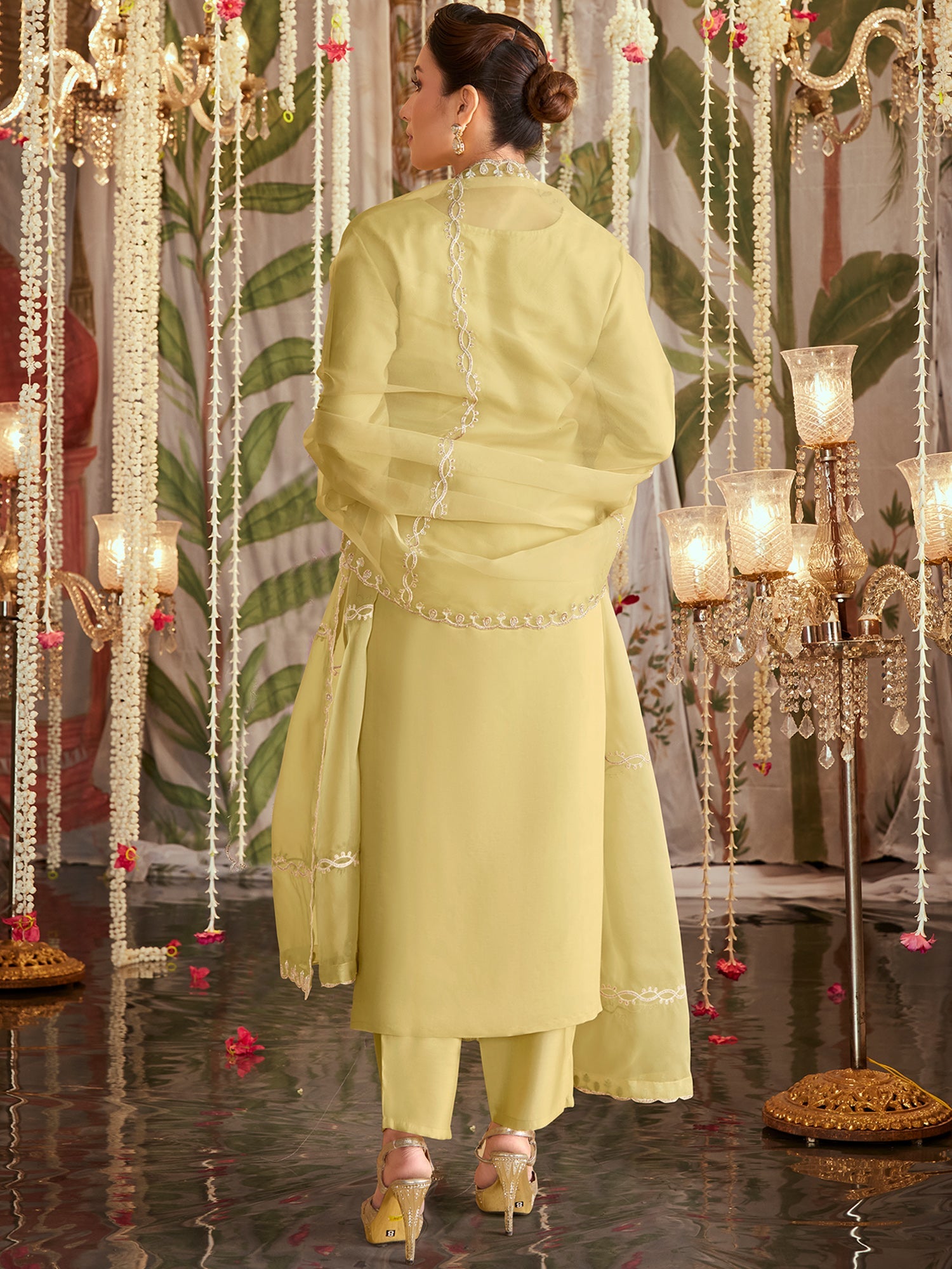 Indo Era Yellow Straight Embroidered Kurta Trousers With Dupatta Set | Grocsy