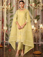 Indo Era Yellow Straight Embroidered Kurta Trousers With Dupatta Set | Grocsy