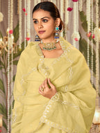 Indo Era Yellow Straight Embroidered Kurta Trousers With Dupatta Set | Grocsy