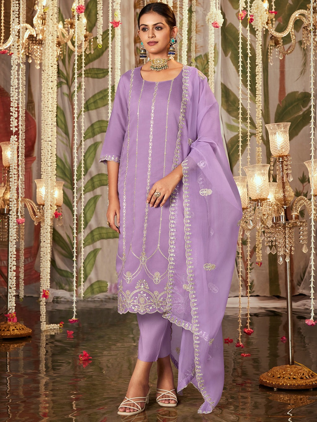 Indo Era Lavender Straight Embroidered Kurta Trousers With Dupatta Set | Grocsy