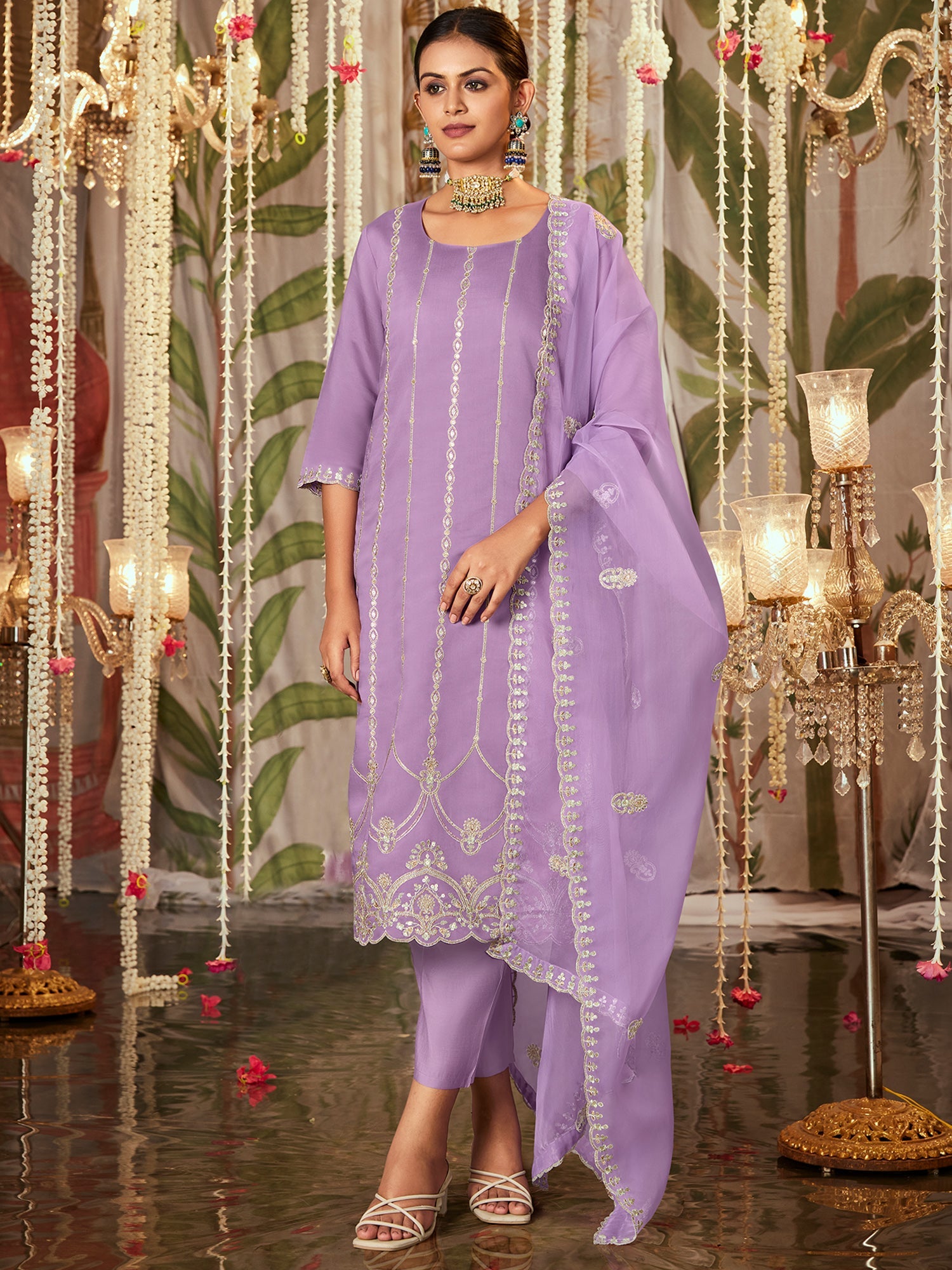 Indo Era Lavender Straight Embroidered Kurta Trousers With Dupatta Set | Grocsy