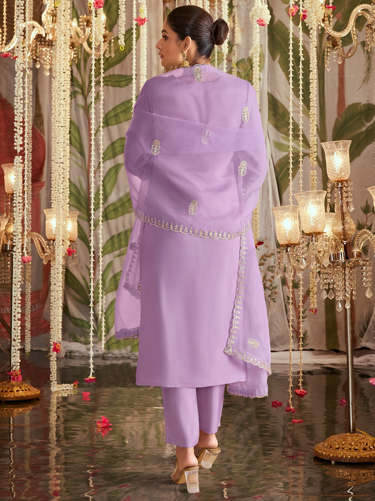 Indo Era Lavender Straight Embroidered Kurta Trousers With Dupatta Set | Grocsy