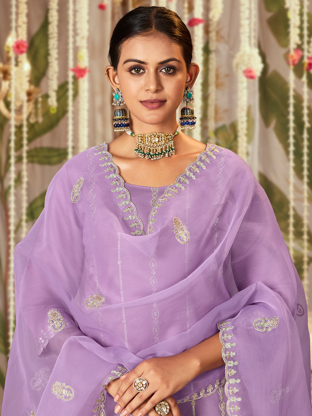 Indo Era Lavender Straight Embroidered Kurta Trousers With Dupatta Set | Grocsy