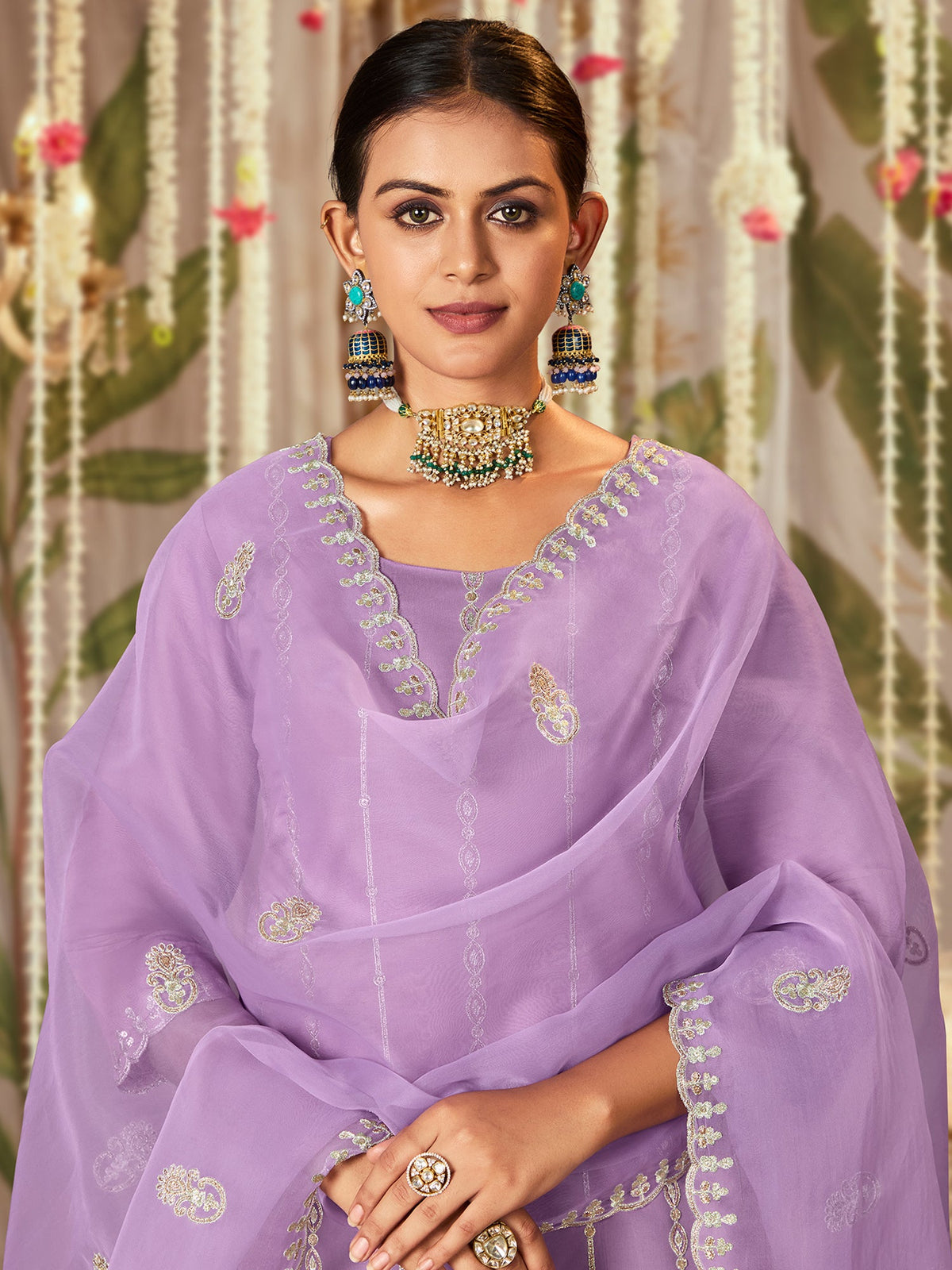 Indo Era Lavender Straight Embroidered Kurta Trousers With Dupatta Set | Grocsy