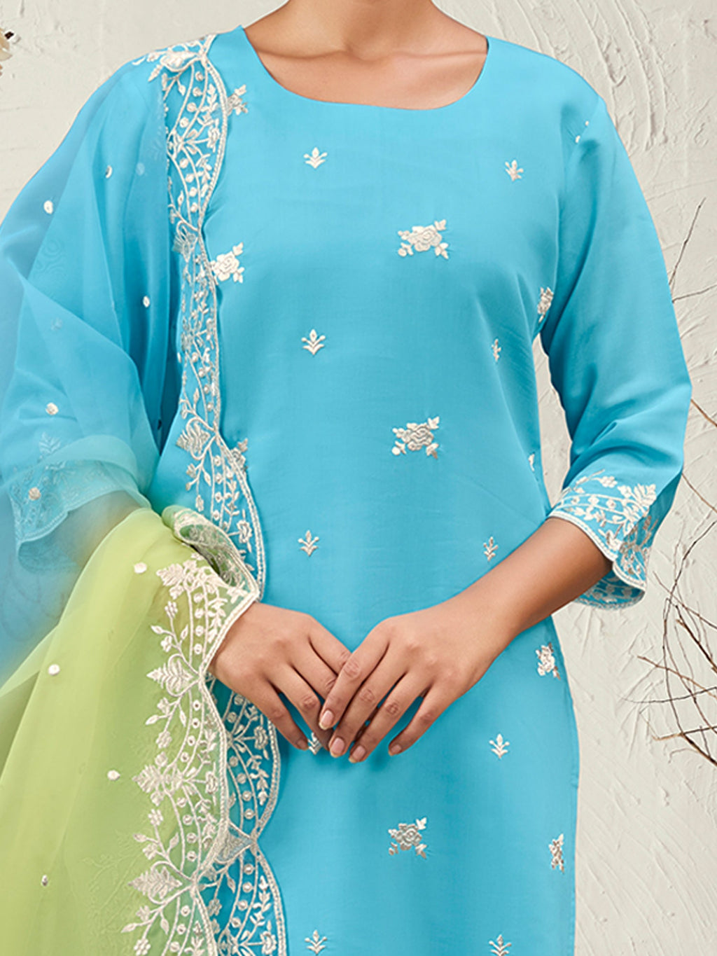 Indo Era Blue Straight Embroidered Kurta Trousers With Dupatta Set | Grocsy