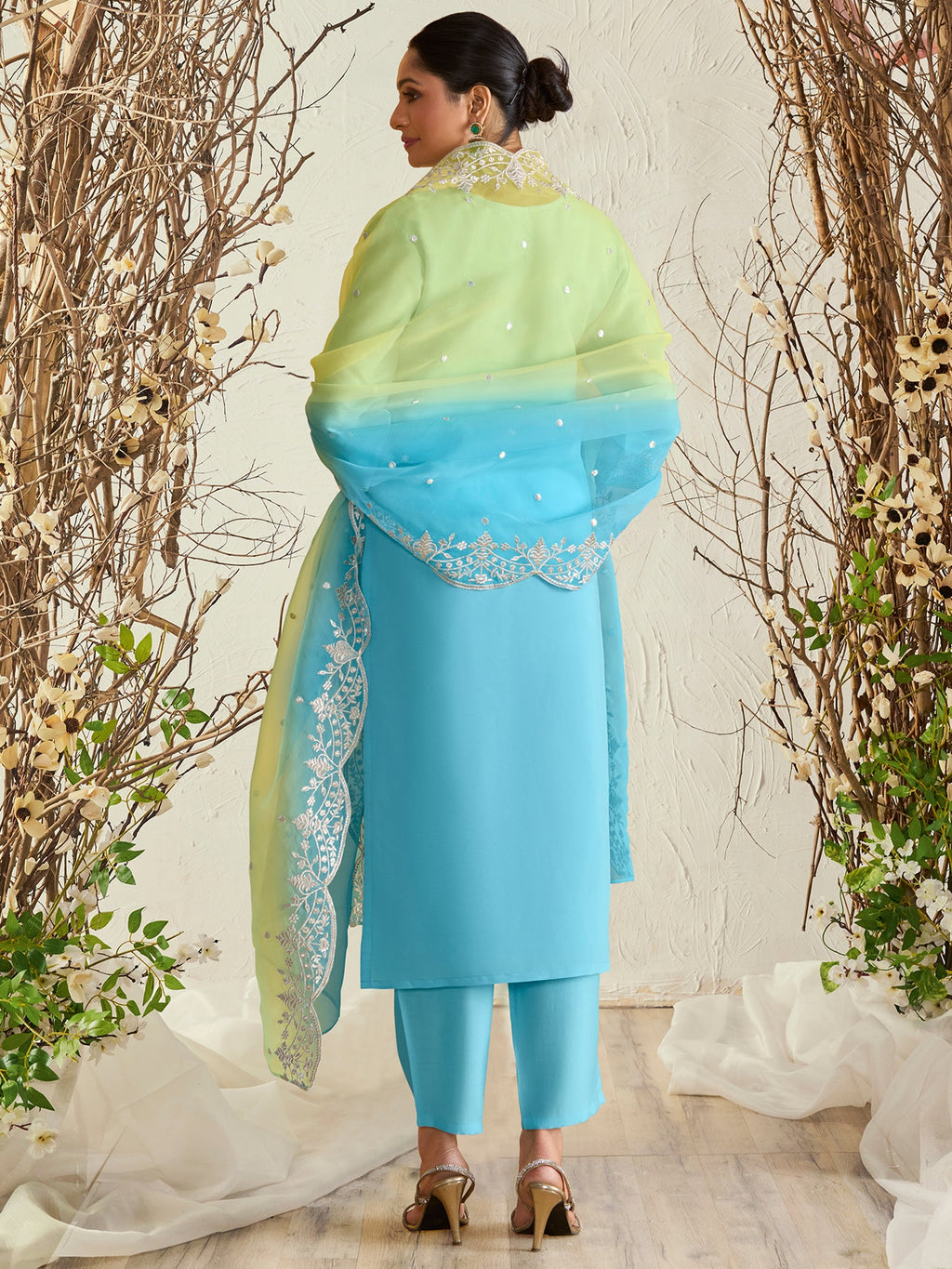 Indo Era Blue Straight Embroidered Kurta Trousers With Dupatta Set | Grocsy