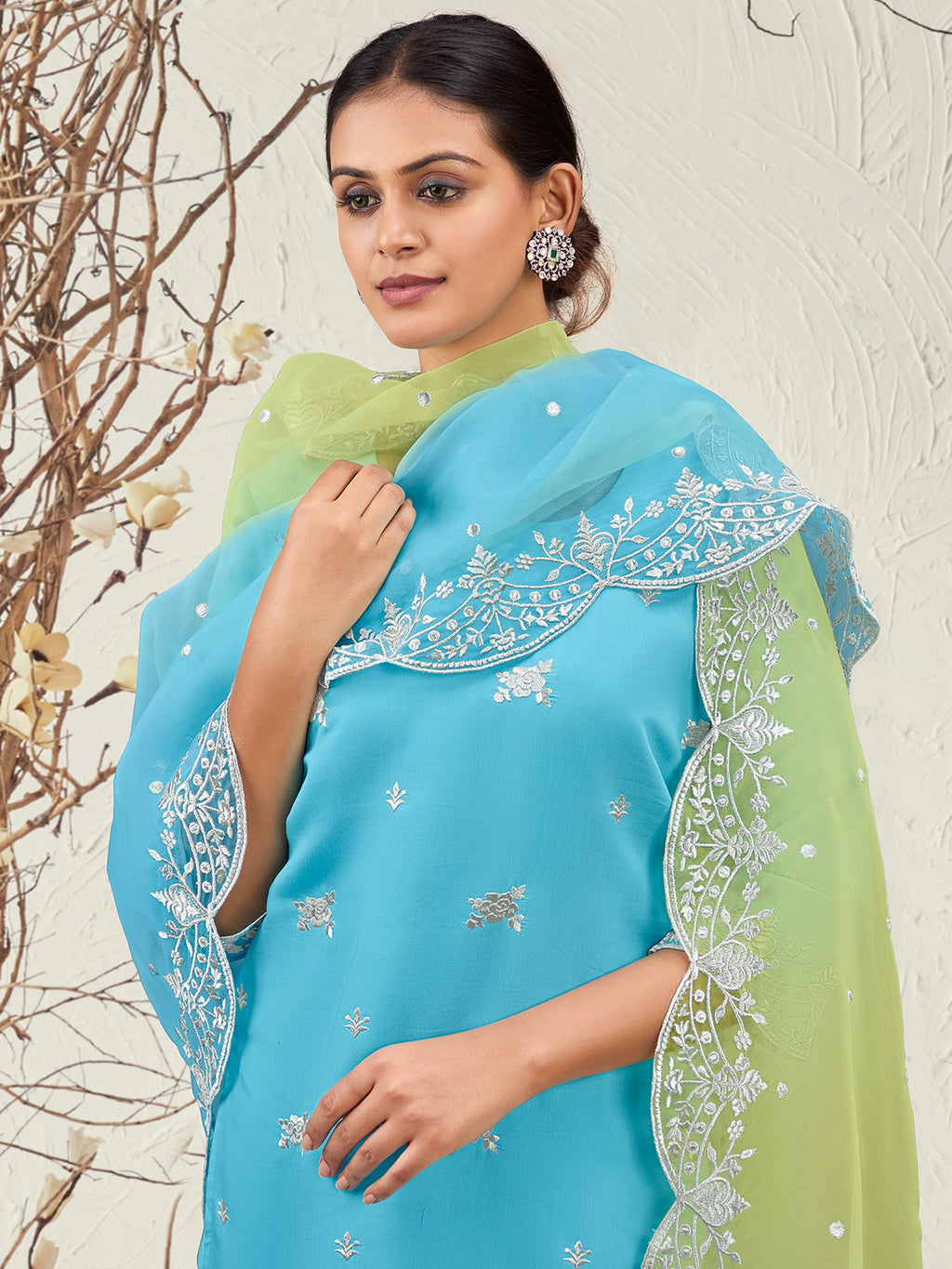 Indo Era Blue Straight Embroidered Kurta Trousers With Dupatta Set | Grocsy