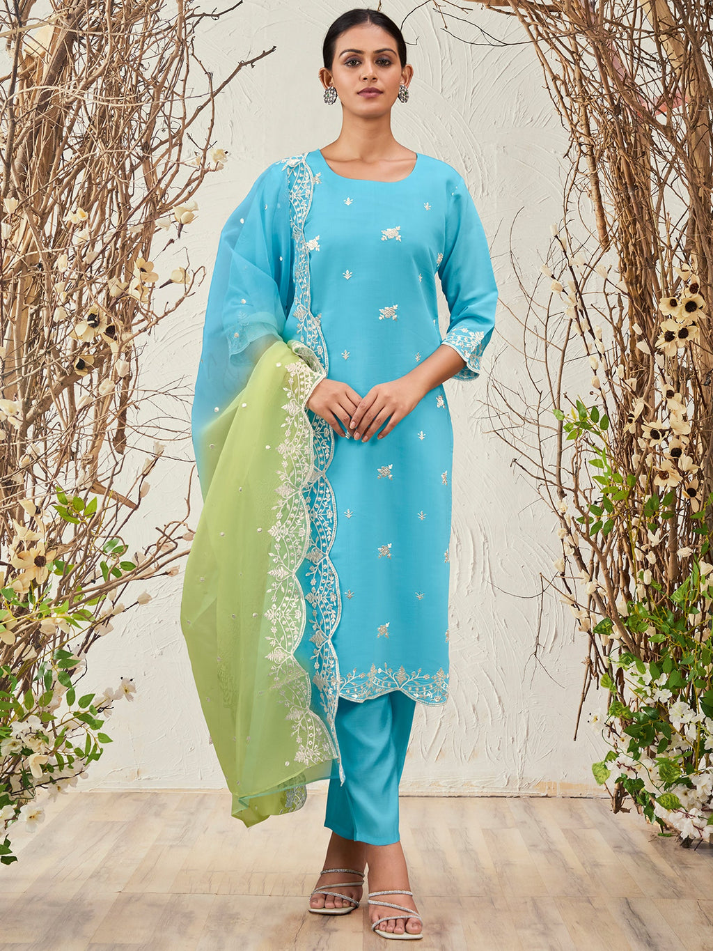 Indo Era Blue Straight Embroidered Kurta Trousers With Dupatta Set | Grocsy