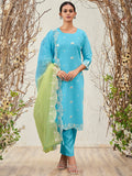 Indo Era Blue Straight Embroidered Kurta Trousers With Dupatta Set | Grocsy