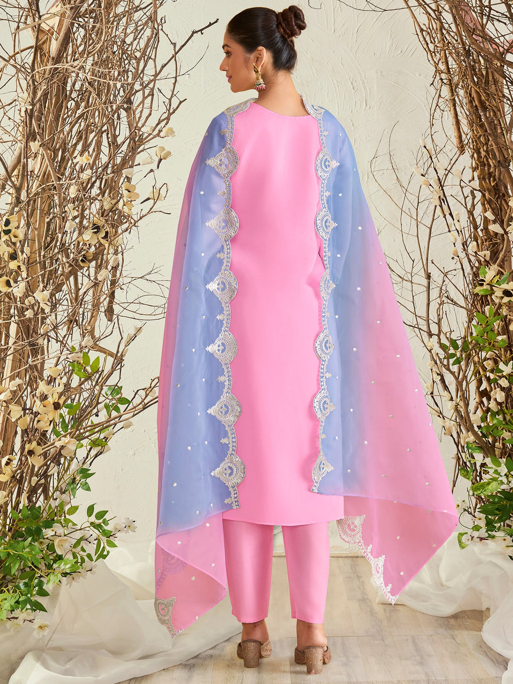 Indo Era Pink Straight Embroidered Kurta Trousers With Dupatta Set | Grocsy