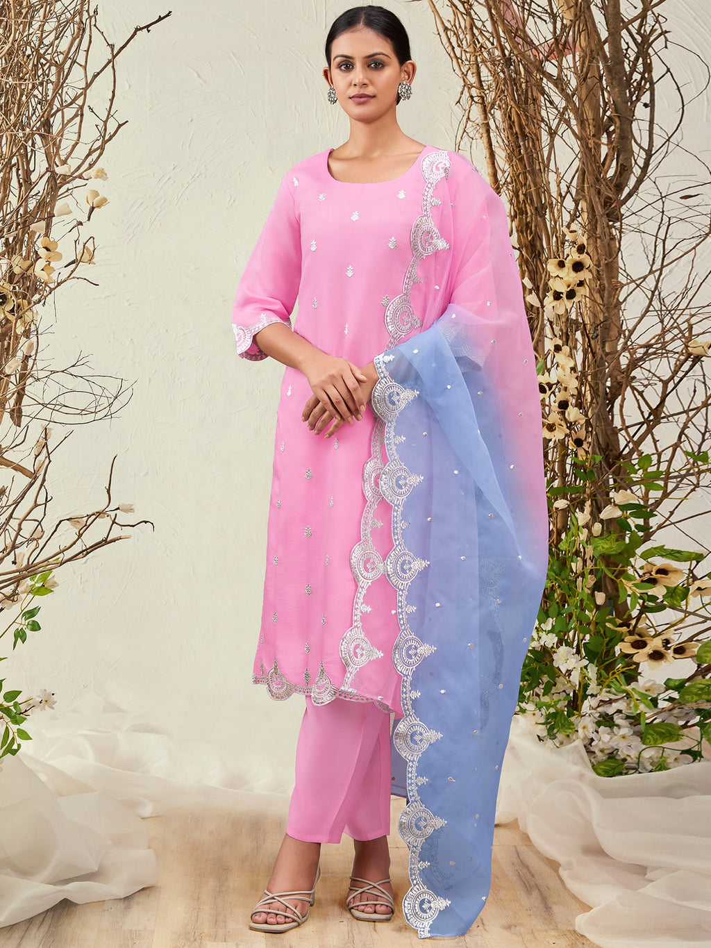Indo Era Pink Straight Embroidered Kurta Trousers With Dupatta Set | Grocsy