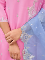 Indo Era Pink Straight Embroidered Kurta Trousers With Dupatta Set | Grocsy