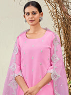 Indo Era Pink Straight Embroidered Kurta Trousers With Dupatta Set | Grocsy