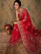 Sangria Ethnic Motifs Embroidered Net Saree | Grocsy