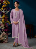Indo Era Lavender Straight Embroidered Kurta Trousers With Dupatta Set | Grocsy