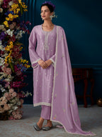 Indo Era Lavender Straight Embroidered Kurta Trousers With Dupatta Set | Grocsy