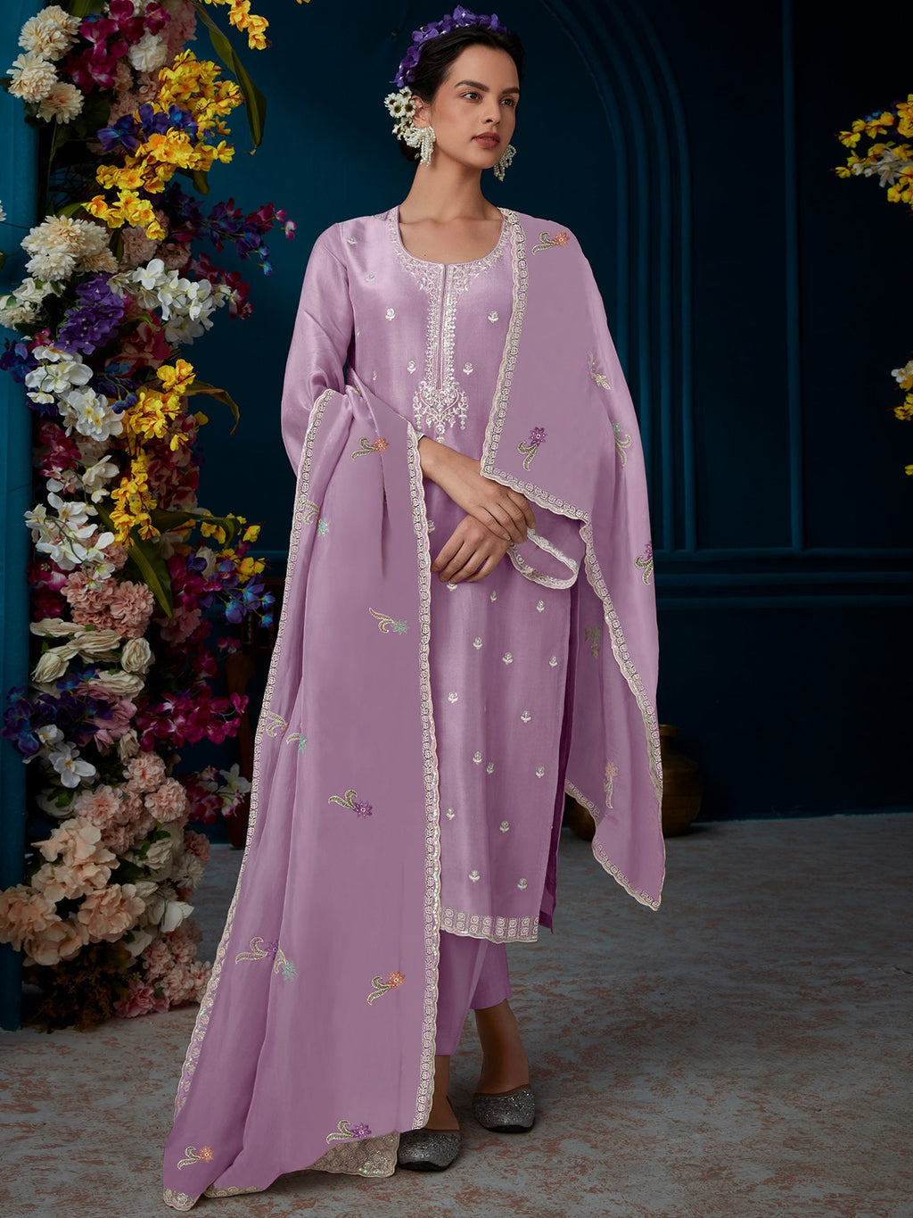 Indo Era Lavender Straight Embroidered Kurta Trousers With Dupatta Set | Grocsy