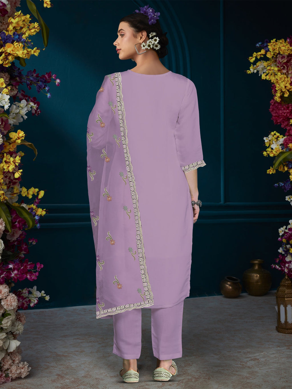 Indo Era Lavender Straight Embroidered Kurta Trousers With Dupatta Set | Grocsy