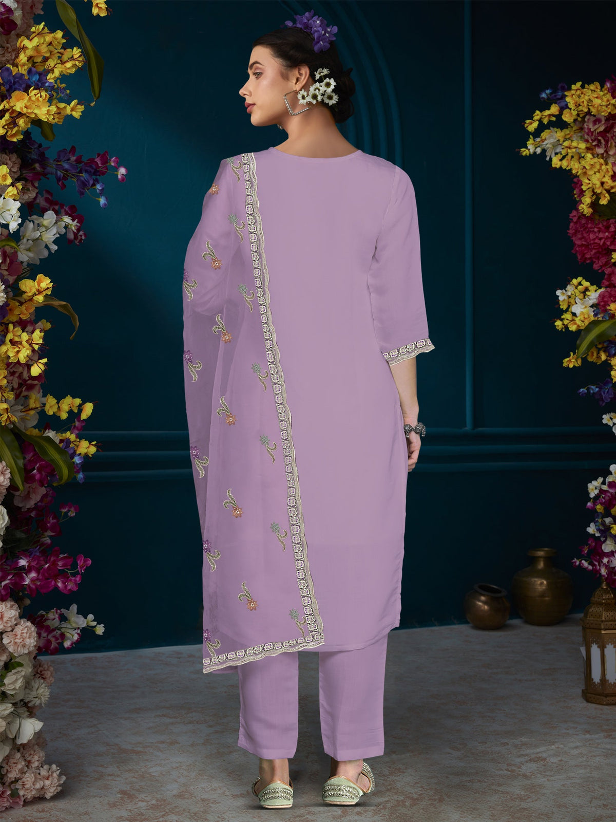 Indo Era Lavender Straight Embroidered Kurta Trousers With Dupatta Set | Grocsy