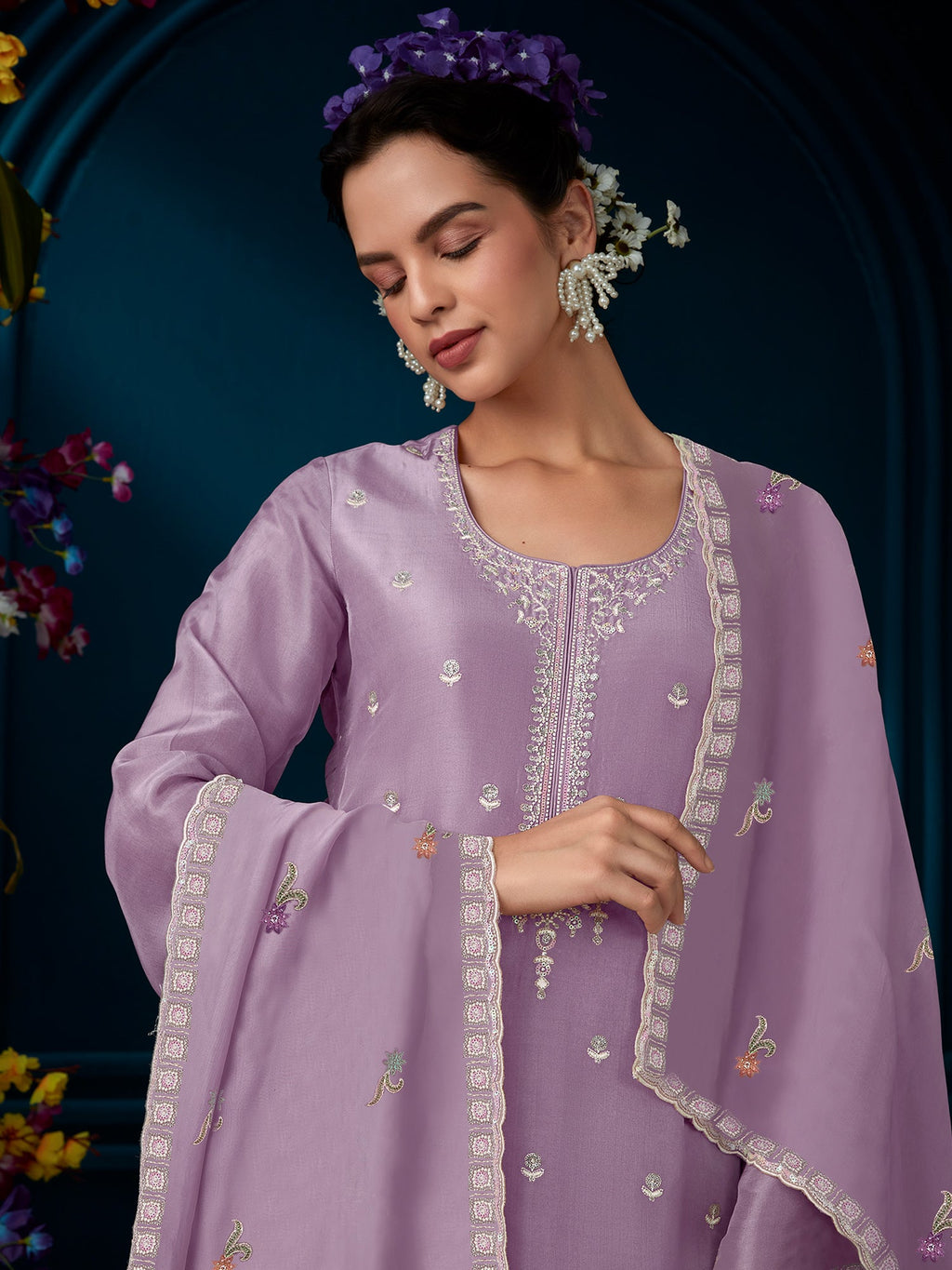 Indo Era Lavender Straight Embroidered Kurta Trousers With Dupatta Set | Grocsy