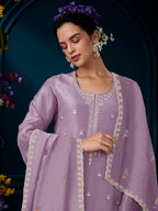 Indo Era Lavender Straight Embroidered Kurta Trousers With Dupatta Set | Grocsy