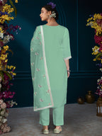 Indo Era Green Straight Embroidered Kurta Trousers With Dupatta Set | Grocsy