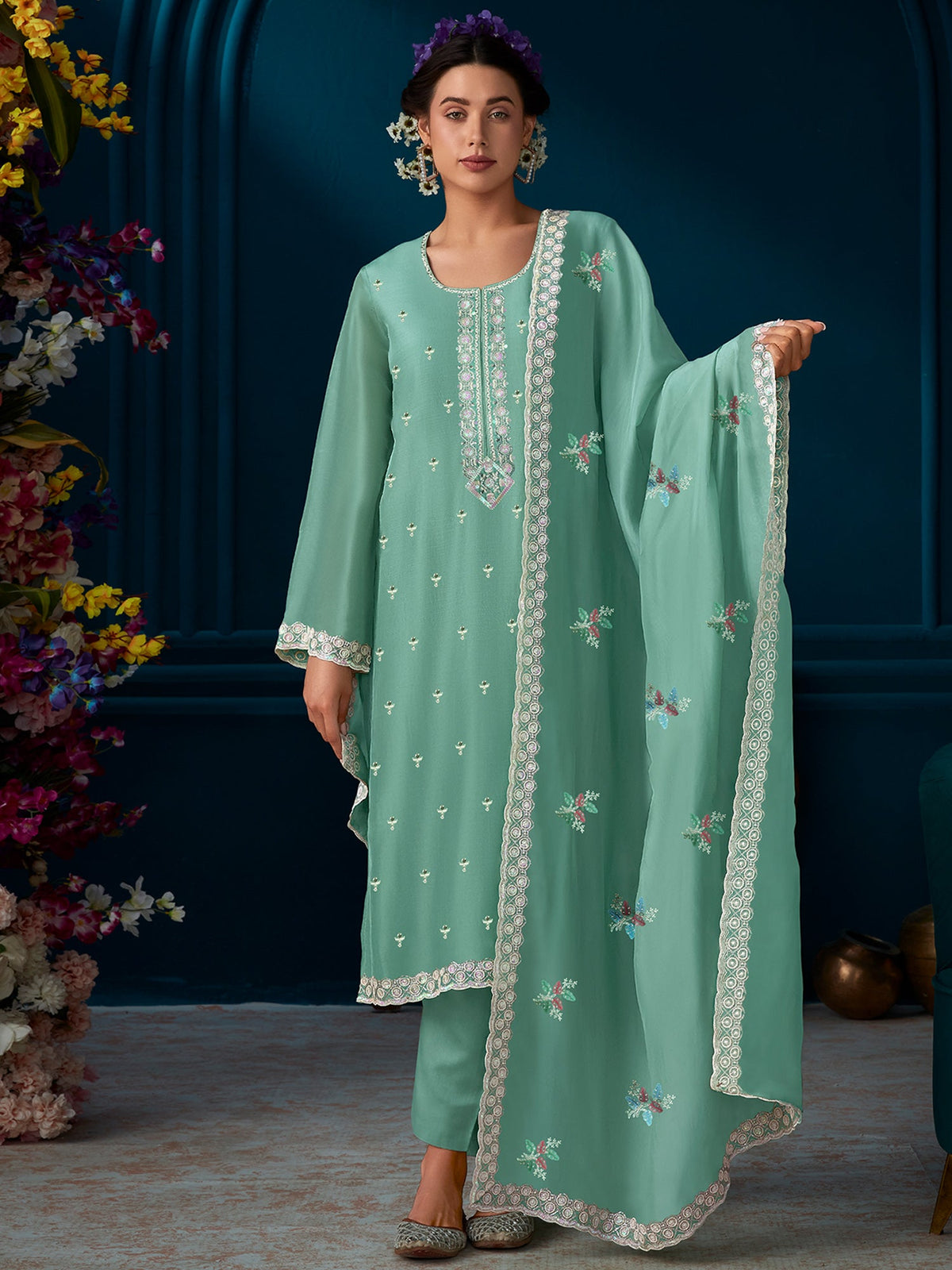 Indo Era Green Straight Embroidered Kurta Trousers With Dupatta Set | Grocsy